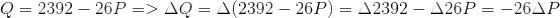 Q =2392-26P => \Delta Q=\Delta (2392-26P) = \Delta 2392 - \Delta 26P = -26\Delta P