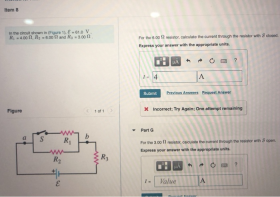 Item 8 In the circuit shown in (Figure 1), E = 61.0 V, R4.00 1, R2 = 6.00 2 and Ry = 3.00 n. For the 6.00 2 resistor, calcula