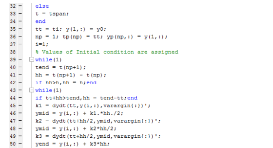 else 32 33 34 35 - 36 37 - 38 39 - I 40 41 42 t = tspan; end tt = ti; y(1,:) = y0; np = 1; tp (np) = tt; yp (np, :) = y(1,:);