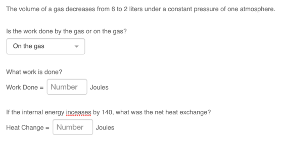 The volume of a gas decreases from 6 to 2 liters under a constant pressure of one atmosphere. Is the work done by the gas or