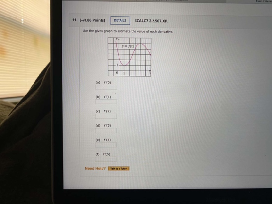 Exam 2 Revie 11. (-/0.86 points) DETAILS SCALC7 2.2.507.XP. Use the given graph to estimate the value of each derivative. y=f