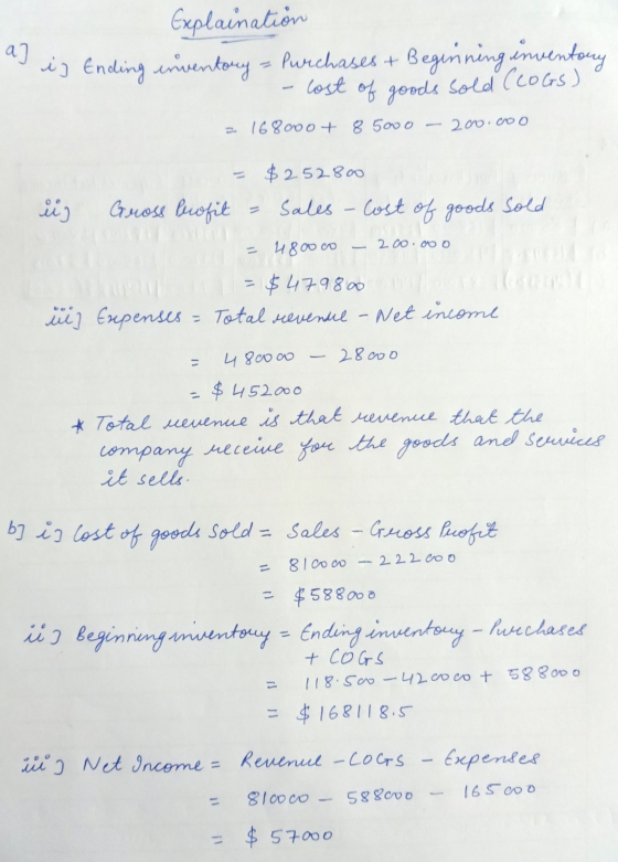a] Explaination is Ending inventory - Purchases + Beginning inventory lost of goods sold (COGS) = 168000+ 85000 2oo.coo $2528