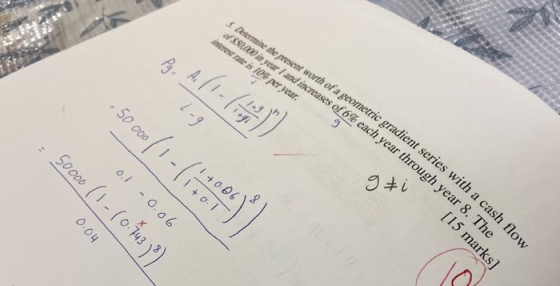 Determine the present worth of a geometric gradient series 00.000 in year and increases of 6% each year throw interest rate i