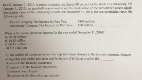 8) On January 1, 2014, a parent company purchased 90 percent of the stock in a subsidiary. On January 1, 2010, no goodwill wa