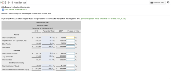 W E15-15 (similar to) Question Help Zela Designs, Inc. has the following dala: (Click the icon to view the data.) Perform a v