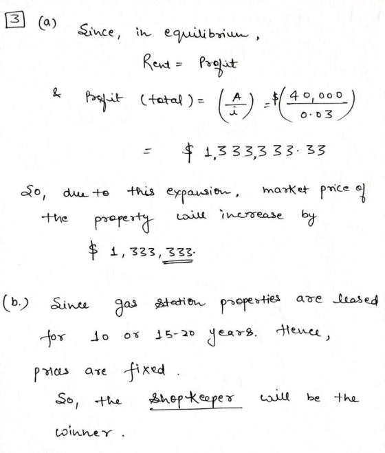3 (a) Since, in equilibriun, RentPait 40,000 bit (tatal) = A O 03 1,3 33,3 33. 33 market pmce this expansion, o, du e aie ine