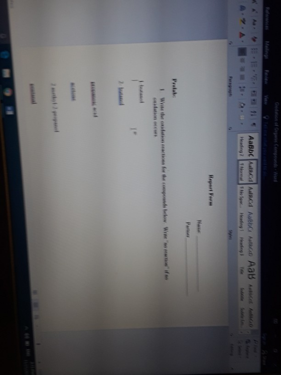 Ondation of Organic Compounds Wird References Mailings Review View AaBbC AalCd AalilCd AatbC AaslccD AaB AcE Aabic Heading 2