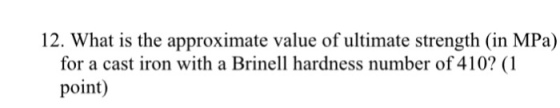 12. What is the approximate value of ultimate strength (in MPa) for a cast iron with a Brinell hardness number of 410? (1 point)