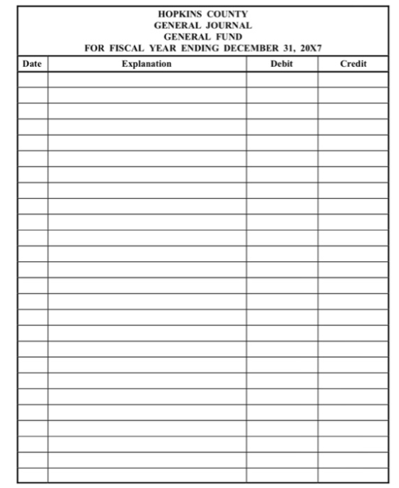 HOPKINS COUNTY GENERAL JOURNAL GENERAL FUND FOR FISCAL YEAR ENDING DECEMBER 31, 20X7 Date Explanation Debit Credit