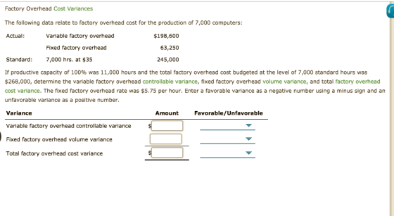 Factory Overhead Cost Variances The following data relate to factory overhead cost for the production of 7,000 computers: Act