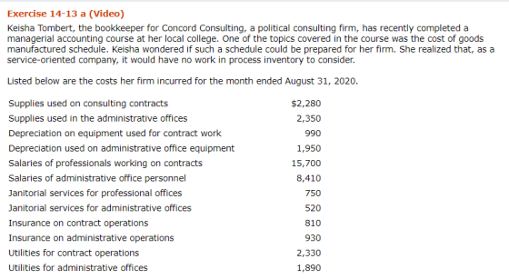Exercise 14-13 a (Video) Keisha Tombert, the bookkeeper for Concord Consulting, a political consulting firm, has recently completed a managerial accounting course at her local college. One of the topics covered in the course was the cost of goods manufactured schedule. Keisha wondered if such a schedule could be prepared for her firm. She realized that, as a service-oriented company, it would have no work in process inventory to consider. Listed below are the costs her firm incurred for the month ended August 31, 2020 Supplies used on consulting contract:s Supplies used in the administrative offices $2,280 2,350 990 1,950 15,700 8,410 750 520 810 930 2,330 1,890 Depreciation on equipment used for contract work Depreciation used on administrative office equipment Salaries of professionals working on contracts Salaries of administrative office personnel Janitorial services for professional offices Janitorial services for administrative offices Insurance on contract operations Insurance on administrative operations Utilities for contract operations Utilities for administrative offices