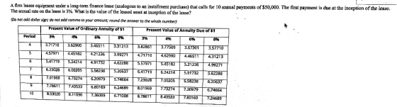 A firm leases equipment under a long-term finance lease (analogous to an installment purchase) that calls for 10 annual payme