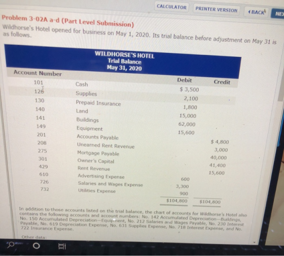 CALCULATOR PRINTER VERSION <BACK NE Problem 3-02A a-d (Part Level Submission) Wildhorses Hotel opened for business on May 1,
