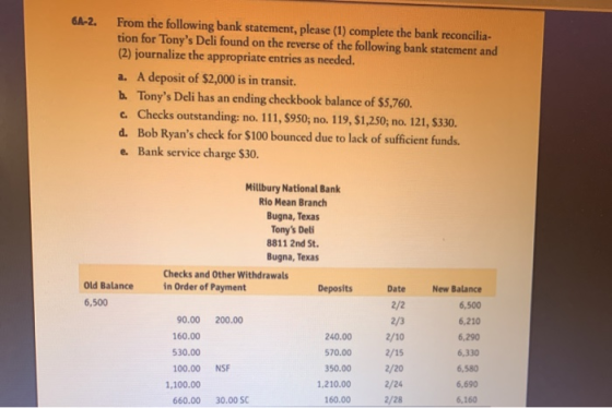 6A-2. From the following bank statement, please (1) complete the bank reconcilia- tion for Tonys Deli found on the reverse o