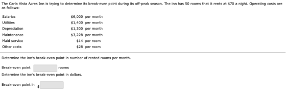 The Carla Vista Acres Inn is trying to determine its break-even point during its off-peak season. The inn has 50 rooms that i