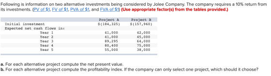 Following is information on two alternative investments being considered by Jolee Company. The company requires a 10% return