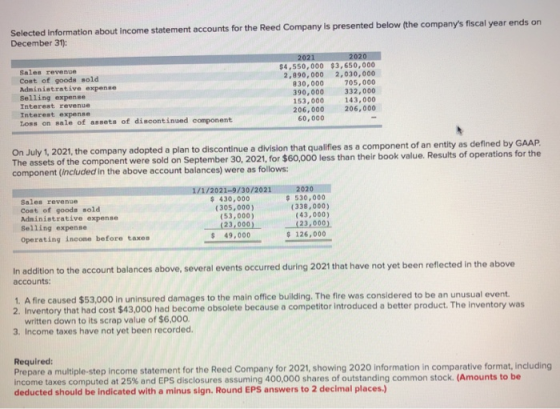 Selected information about Income statement accounts for the Reed Company is presented below (the companys fiscal year ends