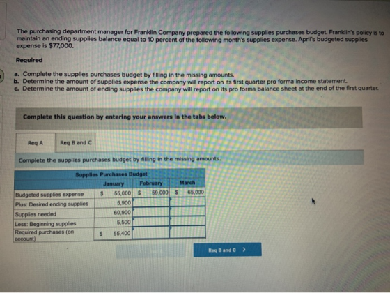 The purchasing department manager for Franklin Company prepared the following supplies purchases budget. Franklins policy is