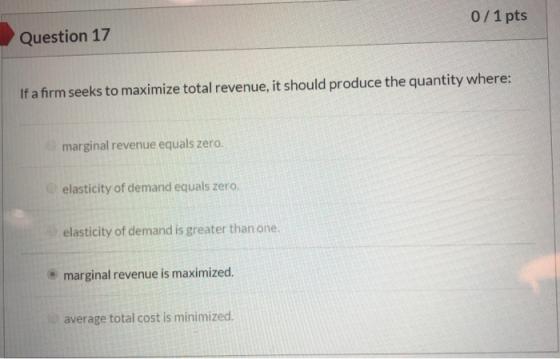 0/1 pts Question 17 If a firm seeks to maximize total revenue, it should produce the quantity where: marginal revenue equals