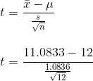 \newline t=\frac{\bar{x}-\mu}{\frac{s}{\sqrt{n}}} \newline\newline\newline t=\frac{11.0833-12}{\frac{1.0836}{\sqrt{12}}}
