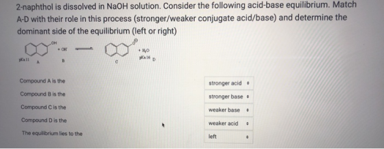 2-naphthol is dissolved in NaOH solution. Consider the following acid-base equilibrium. Match A-D with their role in this pro