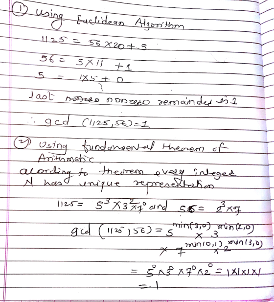 Euclidean Algor m २ল 56 1X5 + ० J a০t ৮ ০ ০ D০ ০ ১emano ৭ १cd (25,55)=1. ( sjinq uolse/ ০nem df Anthmehc alording to hnedremv