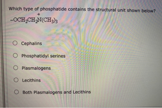Which type of phosphatide contains the structural unit shown below? + -OCH CH_N(CH3)3 O Cephalins O Phosphatidyl serines O Pl