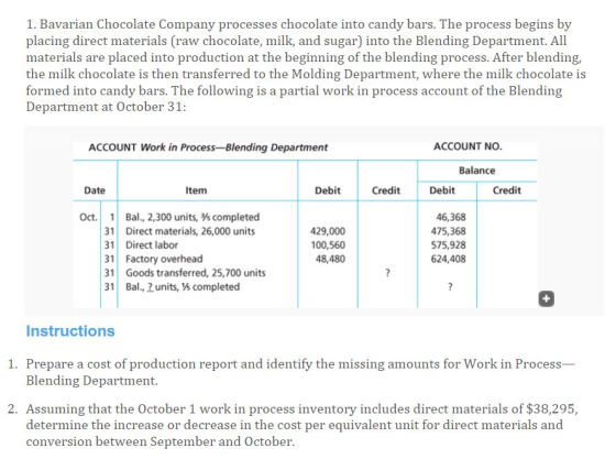 1. Bavarian Chocolate Company processes chocolate into candy bars. The process begins by placing direct materials (raw chocolate, milk, and sugar) into the Blending Department. All materials are placed into production at the beginning of the blending process. After blending, the milk chocolate is then transferred to the Molding Department, where the milk chocolate is formed into candy bars. The following is a partial work in process account of the Blending Department at October 31: ACCOUNT Work in Process-Blending Department ACCOUNT NO Balance Date Item Debit Credit Debit Credit 46,368 475,368 575,928 624,408 Oct.Bal, 2,300 units, s completed 31 Direct materials, 26,000 units 31 Direct labor 31 Factory overhead 31 Goods transferred, 25,700 units 31 Bal., 2 units, s completed 29,000 100,560 48,480 Instructions 1. Prepare a cost of production report and identify the missing amounts for Work in Process- Blending Department. 2. Assuming that the October 1 work in process inventory includes direct materials of $38,295, determine the increase or decrease in the cost per equivalent unit for direct materials and conversion between September and October