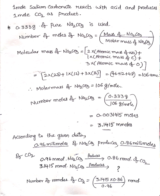 Lmde Sodium Cabonate reacts with add and produces 1mde co as Product O333g db Pure Na, co is used Number mdes S Na, ce Mass N