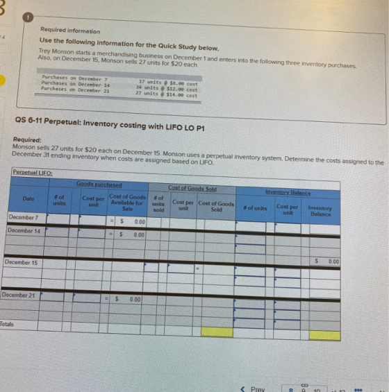 Required information Use the following information for the Quick Study below. Trey Monson starts a merchandising business on