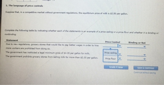 1. The language of price controls Suppose that, in a competitive market without government regulations, the equilibrium price of milk is $2.50 per gallon. Complete the folowing table by indicating whether each of the statements is an example of a price ceiling or a price Rloor and whether it is nonbinding Price Control Binding or Not Statement Due to new regulations, grocery stores that would like to pay better wages in order to hire more workers are prohibited from doing so. The government has instituted a legal minimum price of $2.30 per gallon for milk. The government prohibits grocery stores from selling milk for more than S2.30 per gallon. Price ceiling Price floor Grade It NOW Save &Continue Contnue without saving