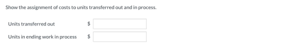 Show the assignment of costs to units transferred out and in process. Units transferred out $ $ $ Units in ending work in pro
