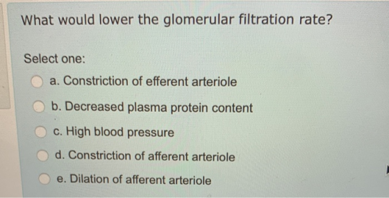 What would lower the glomerular filtration rate? Select one: a. Constriction of efferent arteriole b. Decreased plasma protei