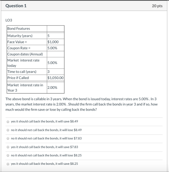 20 pts Question 1 LO3 Bond Features Maturity (years) 5 Face Value = $1,000 5.00% Coupon Rate = Coupon dates (Annual) Market i