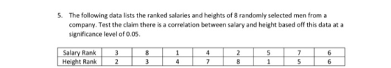 5. The following data lists the ranked salaries and heights of 8 randomly selected men from a company. Test the claim there i