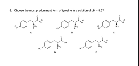 8. Choose the most predominant form of tyrosine in a solution of pH = 9.5? or and on London
