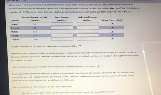 HomeworK (C al individuals in each quintile using the fact that total annual income in the economy is $500,000,000. Next, det