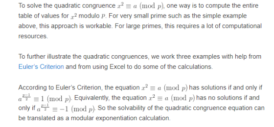 To solve the quadratic congruence a (mod p), one way is to compute the entire table of values for 2 modulo p. For very small