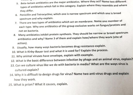 5. Beta-lactam antibiotics are the major antibiotics. Where they act? Name two different types of antibiotics which fall in t