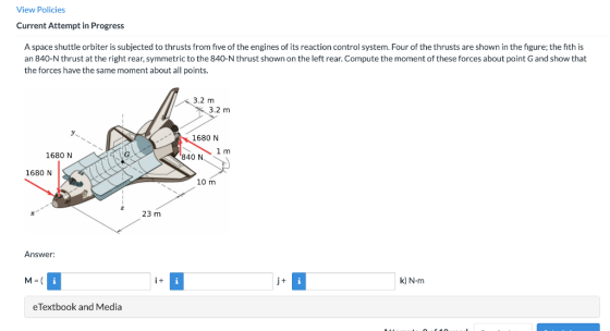 View Policies Current Attempt in Progress A space shuttle orbiter is subjected to thrusts from five of the engines of its rea