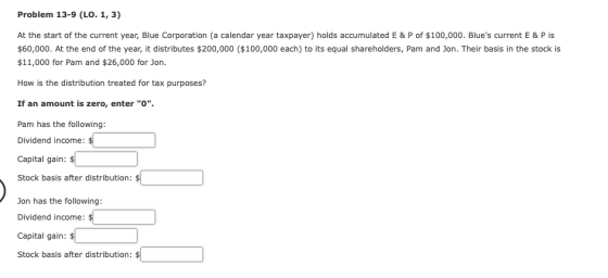 Problem 13-9 (LO. 1, 3) At the start of the current year, Blue Corporation (a calendar year taxpayer) holds accumulated E & P