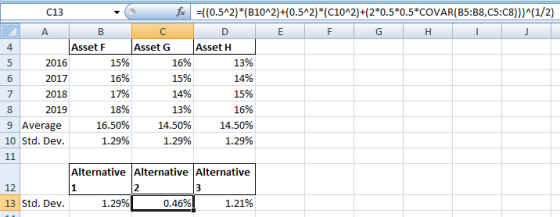 16% C13 fx = ((0.5^2)*(B10^2)+(0.5^2)*(C10^2)+(2*0.5*0.5*COVAR(B5:38,C5:08)))^(1/2) А в D E F G H I J Asset F Asset G Asset H