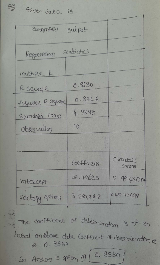 The coefficent of determination is ze so so Given data is SUMMARY output Regocession statistics multiple R 0.8530 Rsquage Adj
