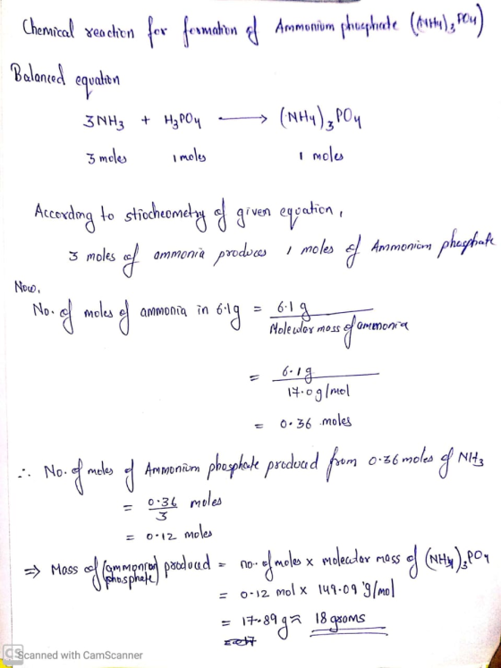 Chemical reaction for formalion of Ammonium phosphate (tutte), scu) Balanced equation 3 NH3 + HypOy - (NH4), PO4 3 moles i mo