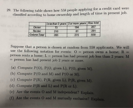 29. The following table shows how 558 people applying for a credit card were classified according to home ownership and lengt
