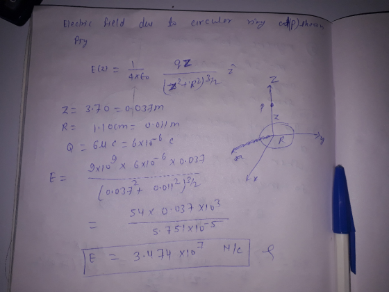 Elechic field due to circuler viry colp) shown Pry E (2) = I QZ qato 1²t R 12+182) 3/2 2 2= 3.70 = 0.039m R = 110cm - v.olm.