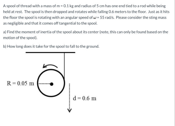 A spool of thread with a mass of m = 0.1 kg and radius of 5 cm has one end tied to a rod while being held at rest. The spool