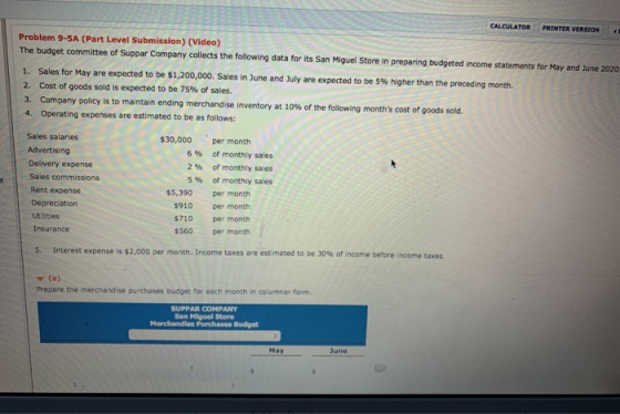 CALCULATOR PRINTER VERSION Problem 9-5A (Part Level Submission) (Video) The budget committee of Suppar Company collects the f