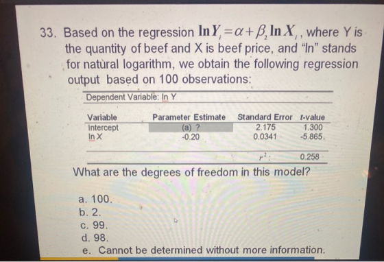 33. Based on the regression In Y, =a+ß, In X, , where Y is the quantity of beef and X is beef price, and In stands for natu