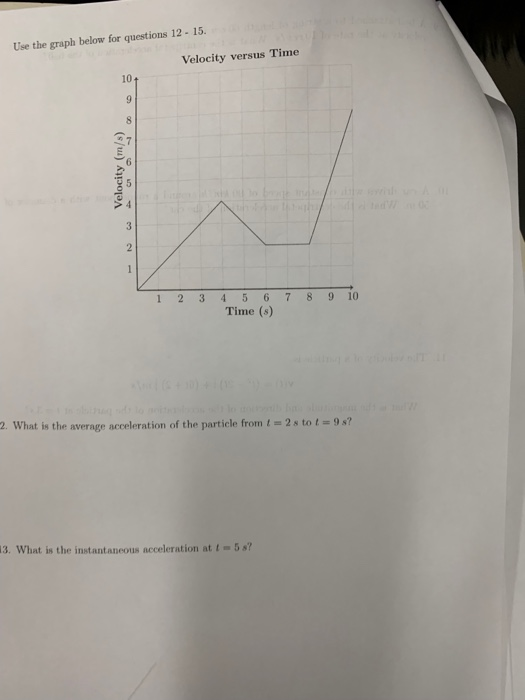 Use the graph below for questions 12 15 Velocity versus Time 10 1 23 456 789 10 Time (s) 2. What is the average acceleration of the particle fromt2s tot9s? 3. What is the instantaneous acceleration at t 5 s?